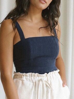 HARLY JAE | Bardot Bustier Navy Linen Top | Made in Canada | Medium